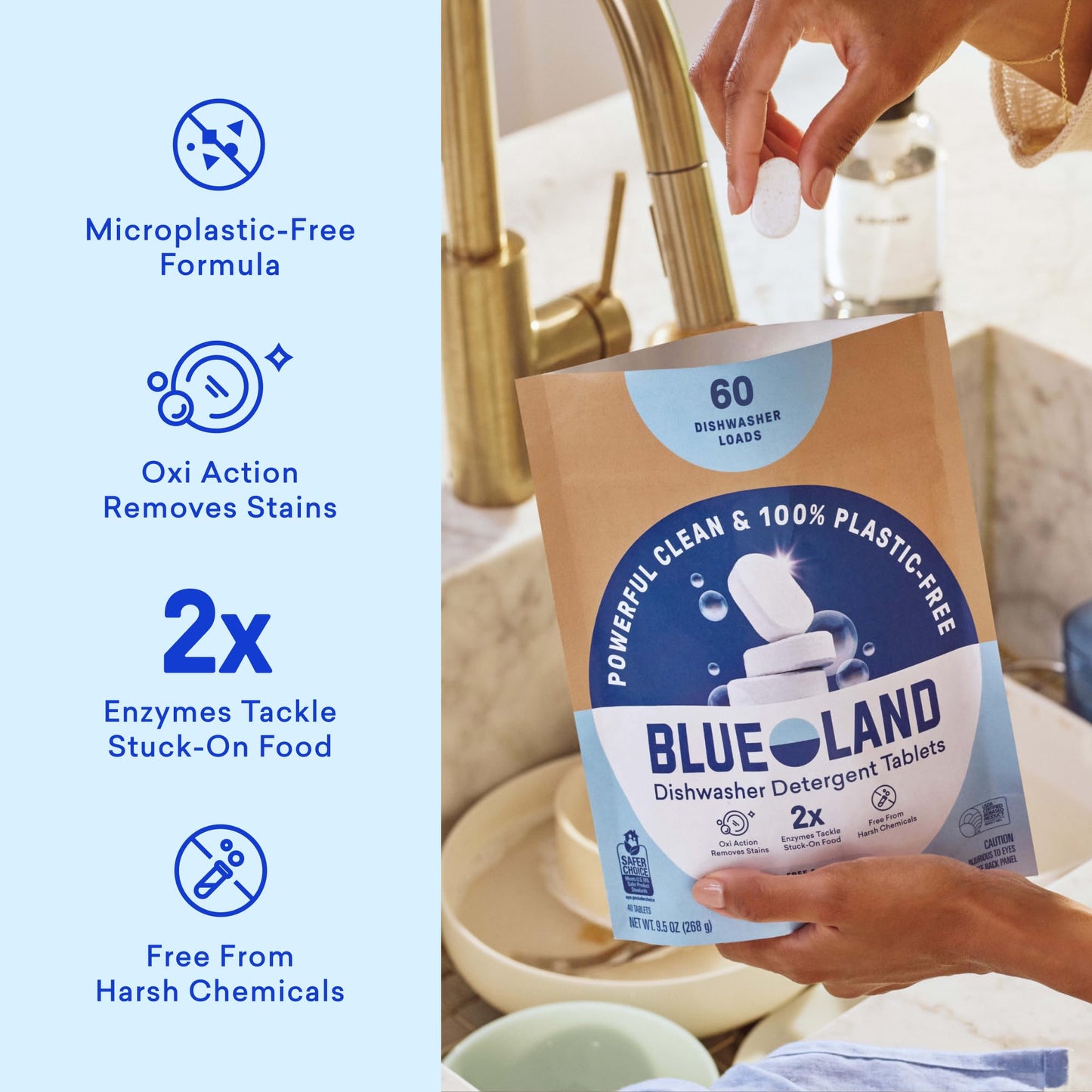 BLUELAND 100% Plastic-Free Dishwasher Detergent Tablets, 60ct, Free & Clear | Eco-Friendly Dishwashing Pods, Cuts Grease & Stuck on Food, Rinses Clean for Streak-Free Shine, Fully Dissolves, Septic Safe