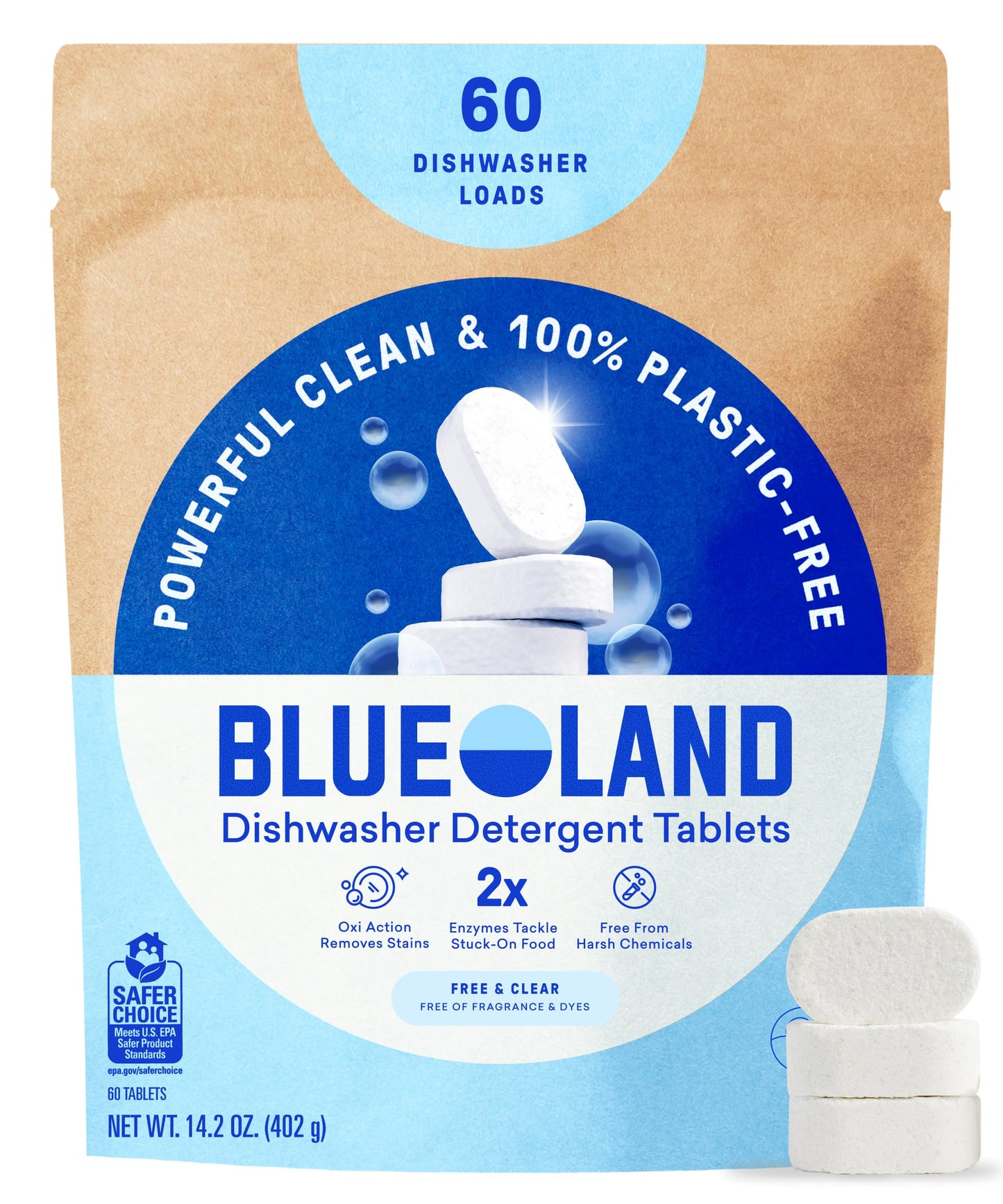 BLUELAND 100% Plastic-Free Dishwasher Detergent Tablets, 60ct, Free &amp; Clear | Eco-Friendly Dishwashing Pods, Cuts Grease &amp; Stuck on Food, Rinses Clean for Streak-Free Shine, Fully Dissolves, Septic Safe