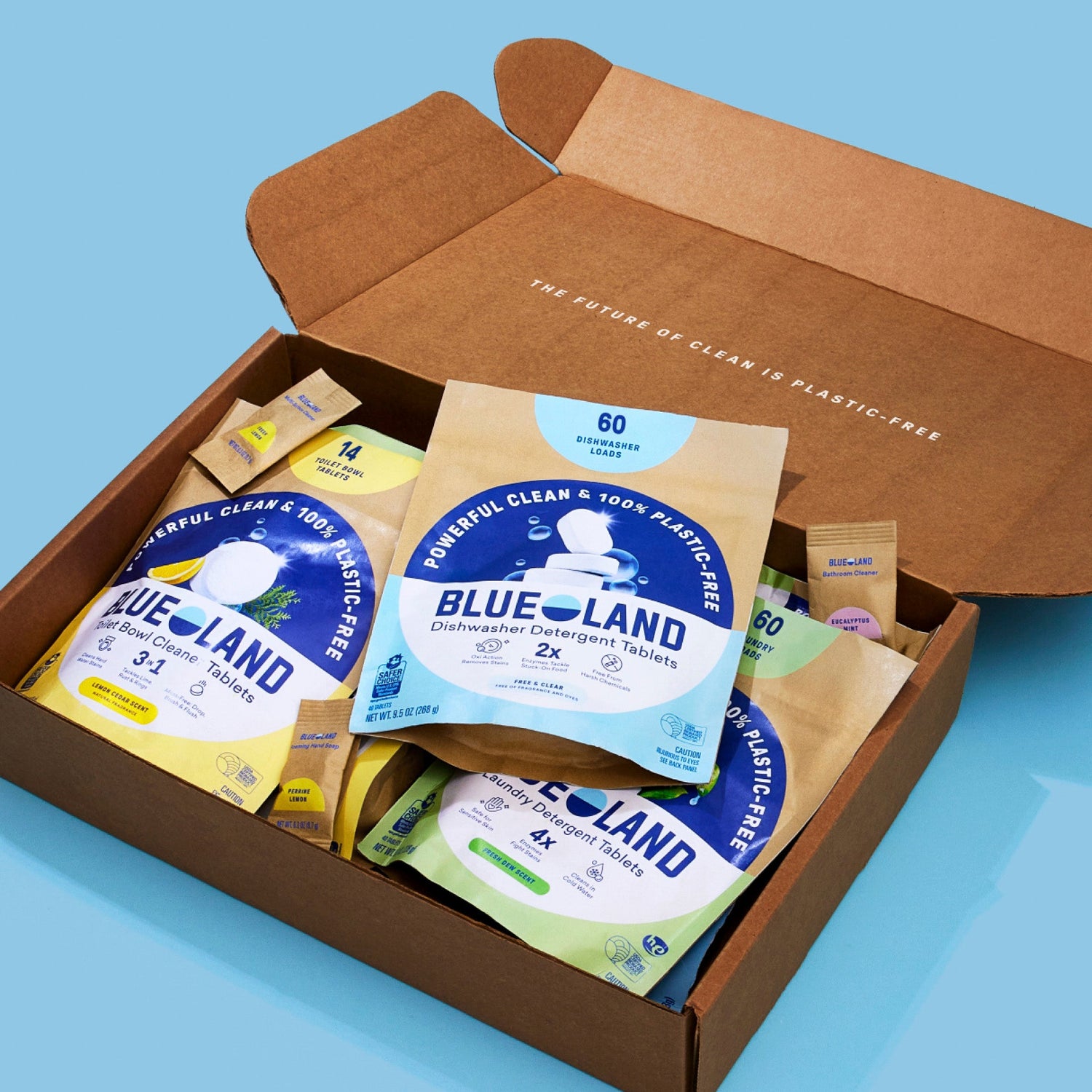 Open cardboard box containing Blue Land detergent tablets on a light blue background